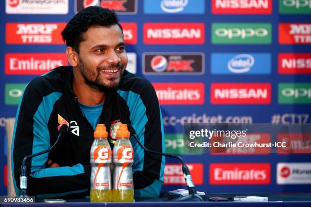 Bangladesh captain Mashrafe Mortaza chats to the media during the ICC Champions Trophy Bangladesh Press Conference at The Oval on May 31, 2017 in...