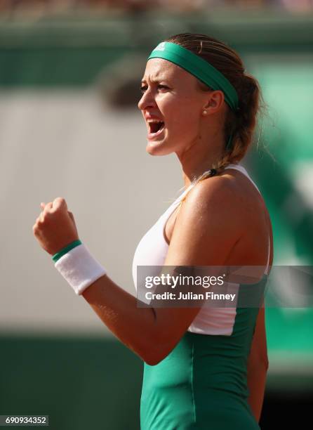 Kristina Mladenovic of France celebrates during the ladies singles second round match against Sara Errani of Italy on day four of the 2017 French...