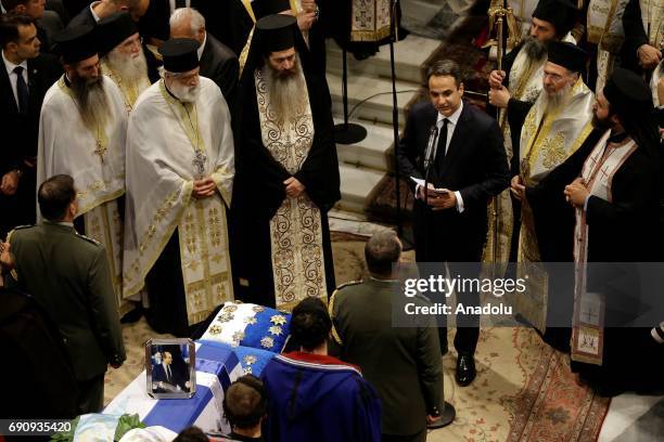 Son of deceased former Greek Prime Minister Constantine Mitsotakis and the President of New Democracy Party Kiriakos Mitsotakis speaks during the...