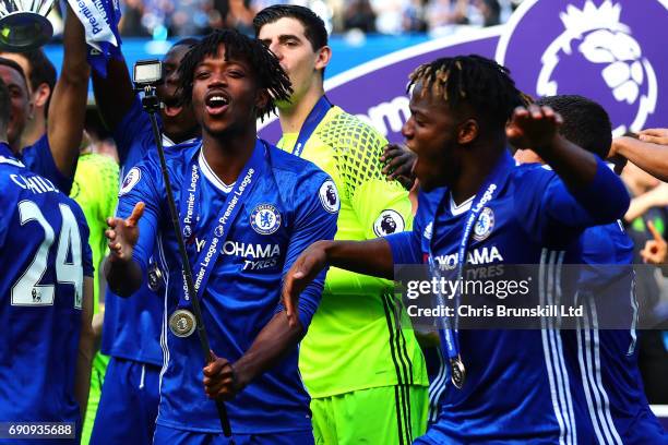 Nathaniel Chalobah of Chelsea celebrates following the Premier League match between Chelsea and Sunderland at Stamford Bridge on May 21, 2017 in...