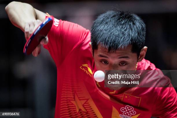 Jike Zhang of China competes during Men Single 1. Round at Table Tennis World Championship at Messe Duesseldorf on May 31, 2017 in Dusseldorf,...