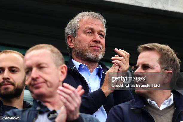Chelsea owner Roman Abramovich looks on during the Premier League match between Chelsea and Sunderland at Stamford Bridge on May 21, 2017 in London,...
