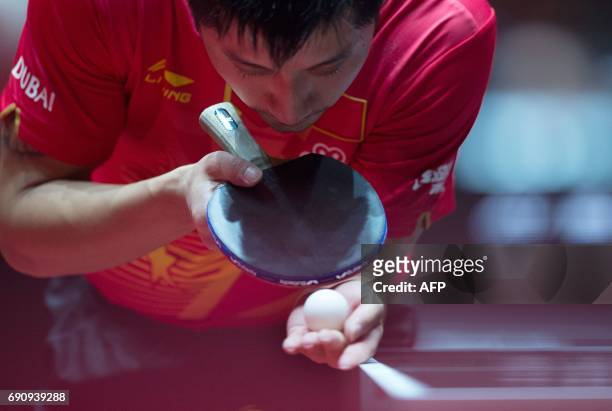 China's Jike Zhang plays against Hungary's Krisztian Nagy on May 31, 2017 in Duesseldorf, western Germany, during the World Table Tennis...