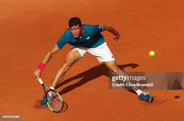 Milos Raonic of Canada plays a forehand during the mens singles second round match against Rogerio Dutra Silva of Brazil on day four of the 2017...