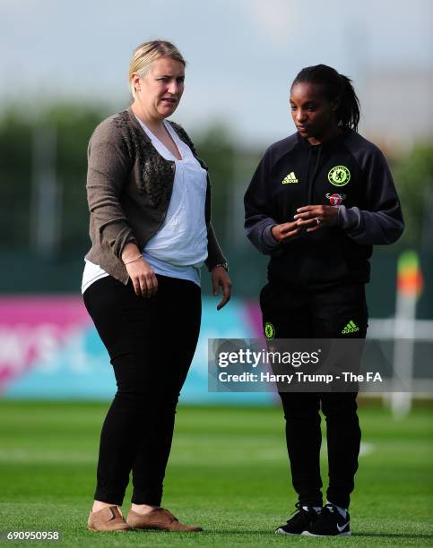 Emma Hayes, Manager of Chelsea Ladies chats during the WSL 1 match between Bristol City Women and Chelsea Ladies at Stoke Gifford Stadium on May 31,...