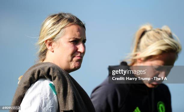 Emma Hayes, Manager of Chelsea Ladies looks on during the WSL 1 match between Bristol City Women and Chelsea Ladies at Stoke Gifford Stadium on May...