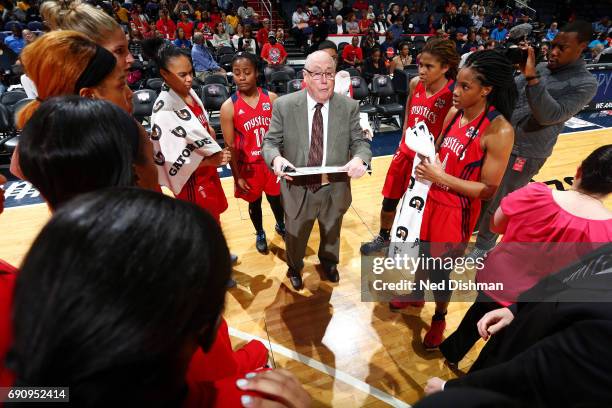 Mike Thibault of the Washington Mystics coaches his team during the game against the Connecticut Sun on May 31, 2017 at the Verizon Center in...