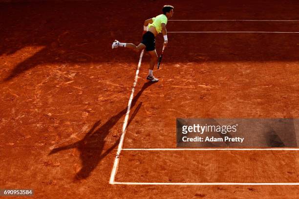 Aljaz Bedene of Great Britain serves during the mens singles second round match against Jiri Vesely of The Czech Republic on day four of the 2017...