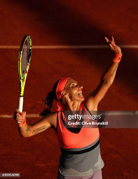 Svetlana Kuznetsova of Russia serves during the ladies singles second round match against Oceane Dodin of France on day four of the 2017 French Open...