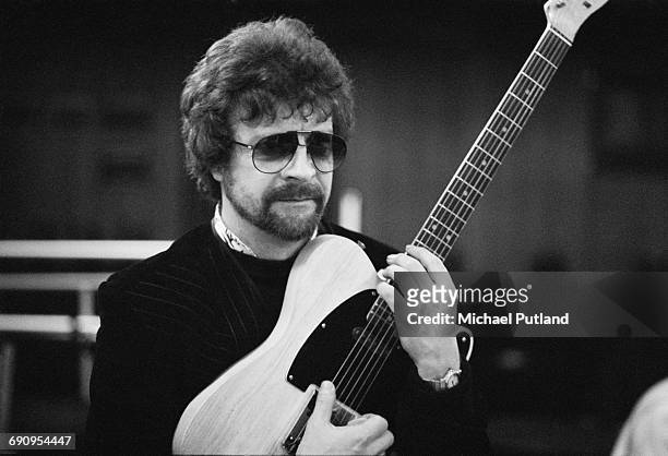 Singer, songwriter and musician, Jeff Lynne, of English rock group The Electric Light Orchestra, in a recording studio, February 1985.