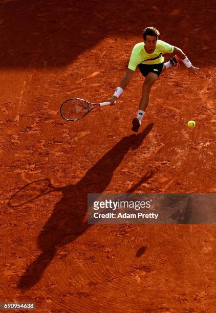 Aljaz Bedene of Great Britain stretches for a forehand during the mens singles second round match against Jiri Vesely of The Czech Republic on day...