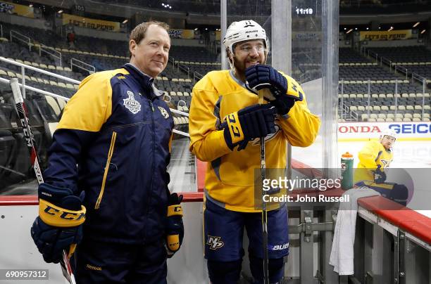 Nashville Predators assistant coach Phil Housley and PA Parenteau prepare to practice prior to Game Two of the 2017 NHL Stanley Cup Final at PPG...