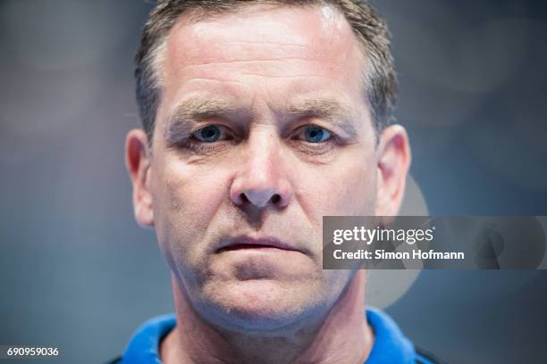 Head coach Alfred Gislason looks on prior to the DKB HBL match between Rhein-Neckar Loewen and THW Kiel at SAP Arena on May 31, 2017 in Mannheim,...