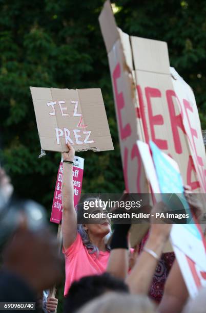 Protestors and supporters watch the arrival of the politicians who are taking part in the BBC Election Debate hosted by BBC news presenter Mishal...