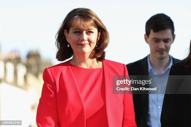 Leader of Plaid Cymru Leanne Wood arrives ahead of the BBC Leaders Debate on May 31, 2017 in Cambridge, England. Six Leaders of the Seven political...