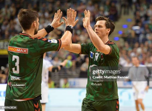 Fabian Wiede and Hans Lindberg of Fuechse Berlin during the game between Fuechse Berlin and VfL Gummersbach on may 31, 2017 in Berlin, Germany.