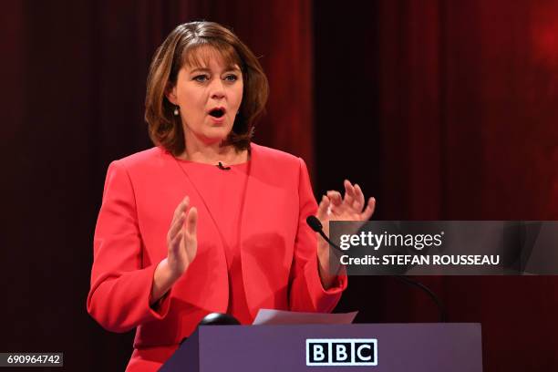 Plaid Cymru leader Leanne Wood takes part in the BBC Election Debate hosted by BBC news presenter Mishal Husain and broadcast live from Senate House...