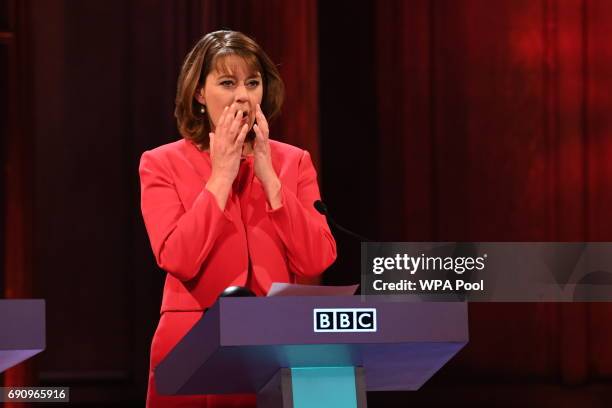 Plaid Cymru leader Leanne Wood takes part in the BBC Election Debate hosted by BBC news presenter Mishal Husain, as it is broadcast live from Senate...