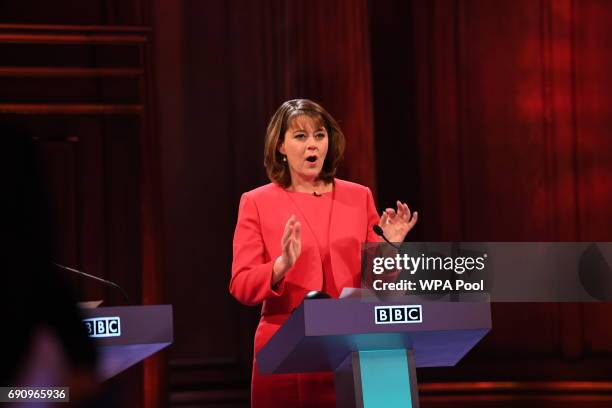 Plaid Cymru leader Leanne Wood takes part in the BBC Election Debate hosted by BBC news presenter Mishal Husain, as it is broadcast live from Senate...