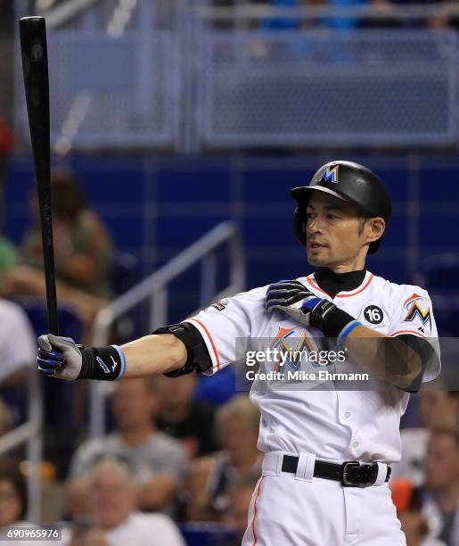 Ichiro Suzuki of the Miami Marlins hits in the second inning during a game against the Philadelphia Phillies at Marlins Park on May 31, 2017 in...