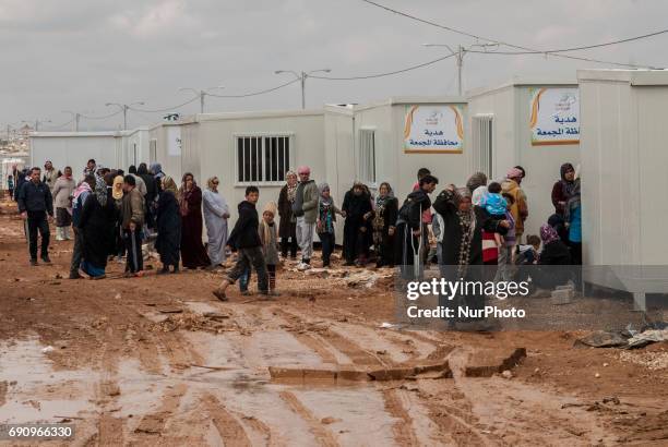 Syrian refugees are seen at the Zaatari refugee camp, on the Jordanian border on 31 May 2017. It's the second refugee camp in the world . The field...