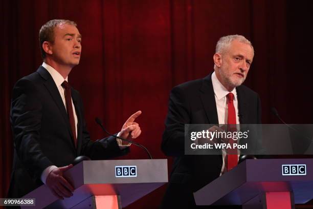 Liberal Democrats leader Tim Farron and Labour leader Jeremy Corbyn take part in the BBC Election Debate hosted by BBC news presenter Mishal Husain,...