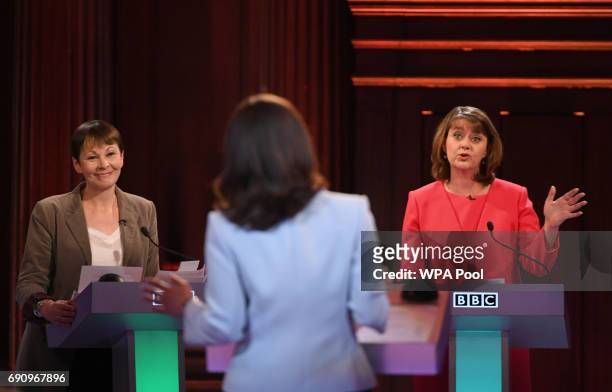 Green Party co-leader Caroline Lucas and Plaid Cymru leader Leanne Wood take part in the BBC Election Debate hosted by BBC news presenter Mishal...