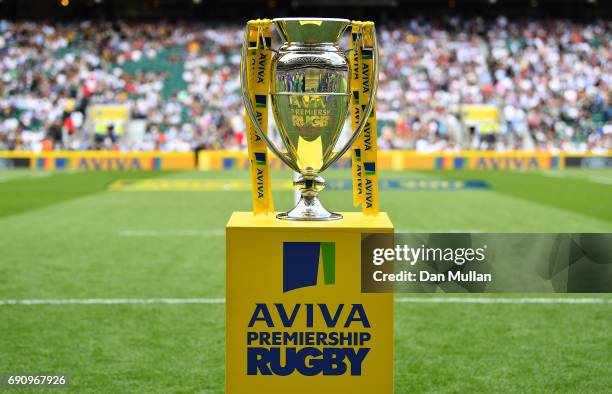 The Premiership Trophy is displayed prior to the Aviva Premiership Final between Wasps and Exeter Chiefs at Twickenham Stadium on May 27, 2017 in...