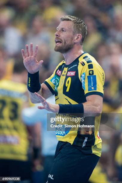 Gudjon Valur Sigurdsson of Rhein-Neckar Loewen gestures during the DKB HBL match between Rhein-Neckar Loewen and THW Kiel at SAP Arena on May 31,...