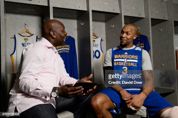 Legend Gary Payton chats with David West of the Golden State Warriors during Facebook Live at practice and media availability as part of the 2017 NBA...