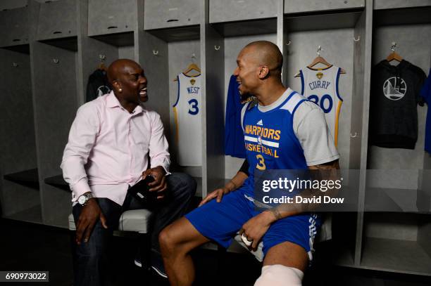 Legend Gary Payton chats with David West of the Golden State Warriors during Facebook Live at practice and media availability as part of the 2017 NBA...