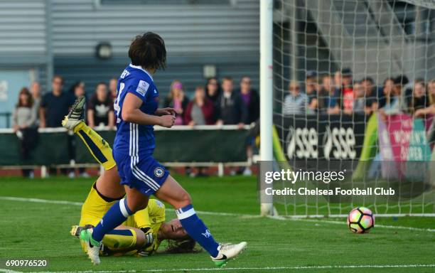 Fran Kirby of Chelsea scores to make it 3-0 during a WSL 1 match between Bristol City Women and Chelsea Ladies at the Stoke Gifford Stadium on May...