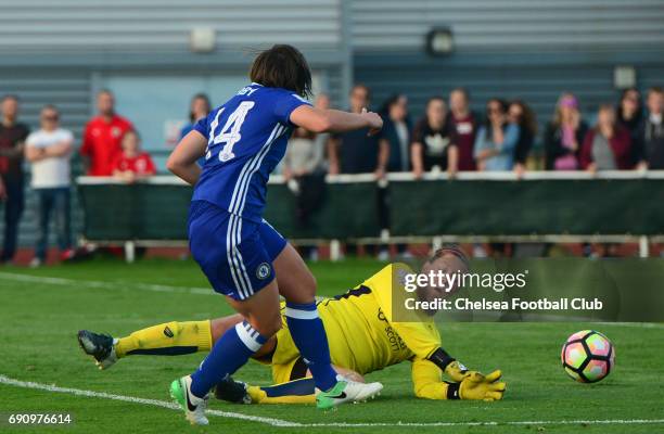 Fran Kirby of Chelsea scores to make it 3-0 during a WSL 1 match between Bristol City Women and Chelsea Ladies at the Stoke Gifford Stadium on May...