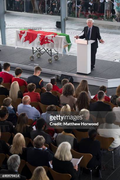 Rhodri Morgan's brother Prys Morgan speaks during the funeral of the former First Minister of Wales Rhodri Morgan at the Senedd in Cardiff Bay on May...