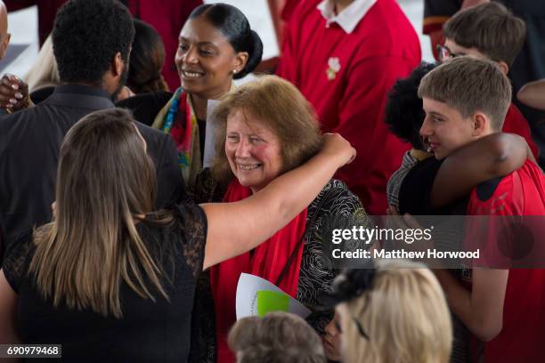 Julie Morgan, wife of Rhodri Morgan, greets mourners following the funeral of former First Minister of Wales Rhodri Morgan at the Senedd in Cardiff...