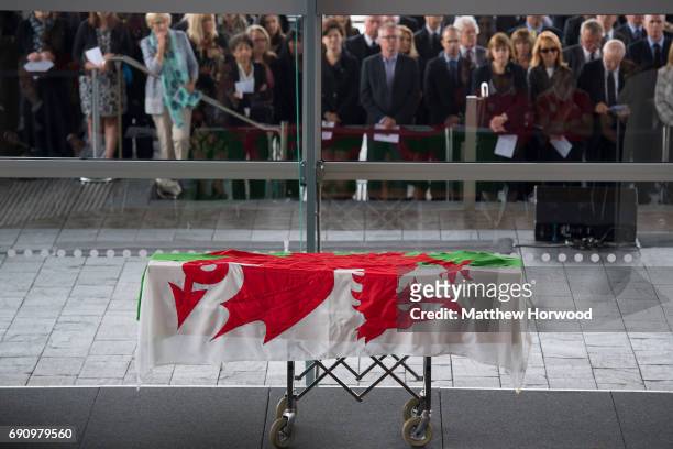 The coffin is seen during the funeral of the former First Minister of Wales Rhodri Morgan at the Senedd in Cardiff Bay on May 31, 2017 in Cardiff,...