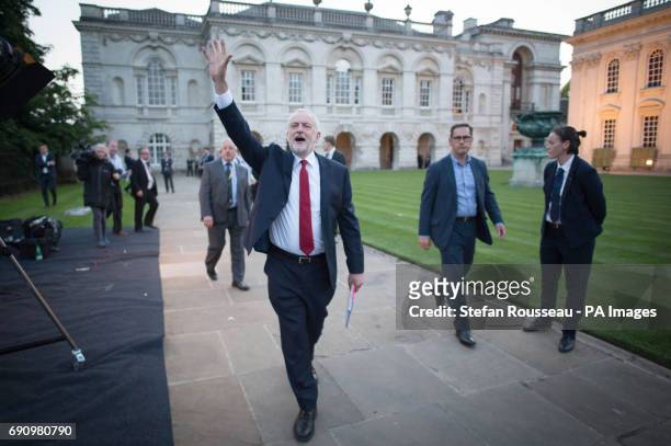 Labour leader Jeremy Corbyn waves to supporters after taking part in the BBC Election Debate hosted by BBC news presenter Mishal Husain at Senate...