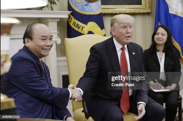 USPresident Donald Trump meets with Prime Minister Nguyen Xuan Phuc of Vietnam in the Oval Office of the White House, on May 31, 2017 in Washington,...