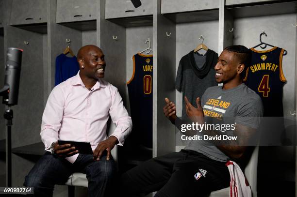 Legend Gary Payton interviews Iman Shumpert of the Cleveland Cavaliers during a Facebook Live at practice and media availability as part of the 2017...