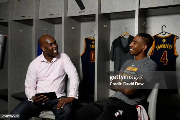 Legend Gary Payton interviews Iman Shumpert of the Cleveland Cavaliers during a Facebook Live at practice and media availability as part of the 2017...