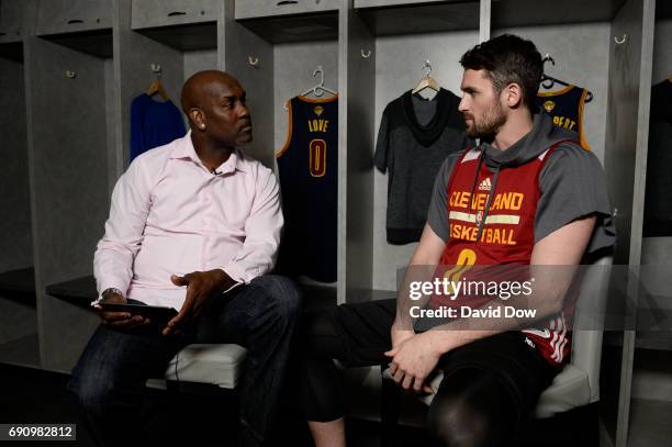 Legend Gary Payton interviews Kevin Love of the Cleveland Cavaliers during a Facebook Live at practice and media availability as part of the 2017 NBA...