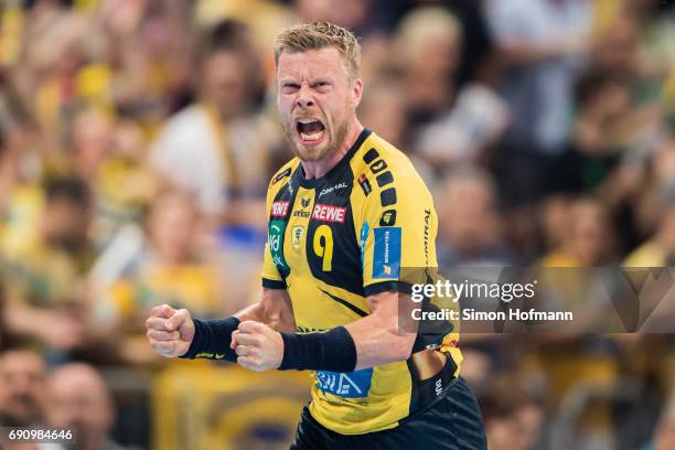 Gudjon Valur Sigurdsson of Rhein-Neckar Loewen celebrates during the DKB HBL match between Rhein-Neckar Loewen and THW Kiel at SAP Arena on May 31,...