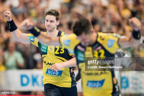 Hendrik Pekeler of Rhein-Neckar Loewen celebrates during the DKB HBL match between Rhein-Neckar Loewen and THW Kiel at SAP Arena on May 31, 2017 in...