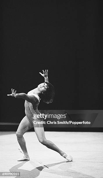 Soviet gymnast Nellie Kim pictured in action on a floor exercise during a Russian gymnastic team exhibition event at Wembley Arena in London on 11th...