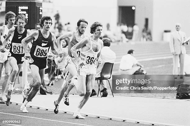 Athletes compete in the final of the Men's 5000 metres event with from left, Knut Kvalheim of Norway , silver medallist Dick Quax of New Zealand ,...