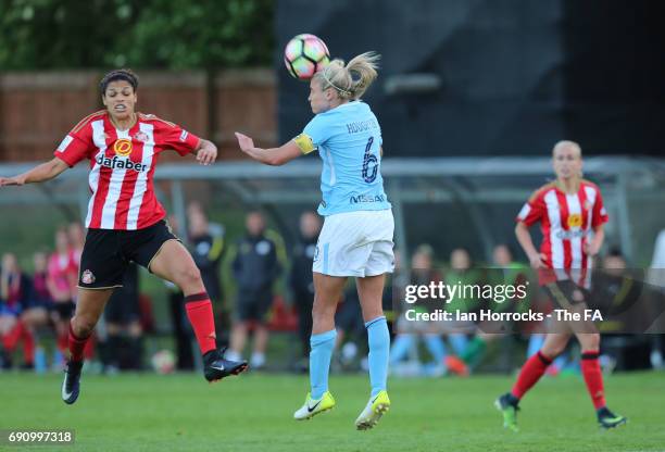 Steph Houghton of City heads the ball during the FA WSL Spring Series match between Sunderland AFC Ladies and Manchester City Women at Hetton Centre...