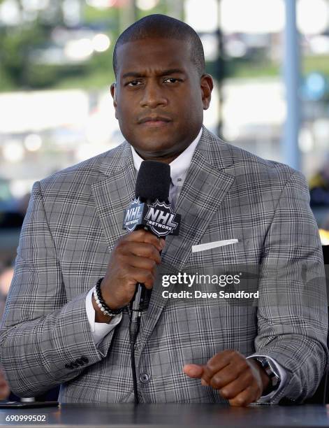 Network analyst Kevin Weekes speaks prior to Game Two of the 2017 NHL Stanley Cup Final between the Nashville Predators and the Pittsburgh Penguins...