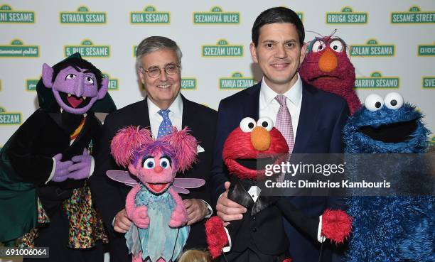 Jeffrey Dunn, David Miliband and The Muppets attend The 2017 Sesame Workshop Dinner at Cipriani 42nd Street on May 31, 2017 in New York City.