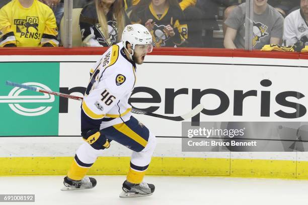 Pontus Aberg of the Nashville Predators reacts after scoring a goal during the first period in Game Two of the 2017 NHL Stanley Cup Final against the...