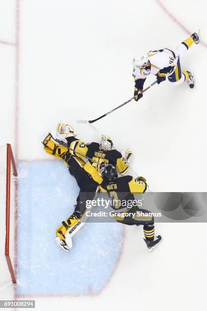 Pontus Aberg of the Nashville Predators scores a goal past Matt Murray of the Pittsburgh Penguins during the first period in Game Two of the 2017 NHL...